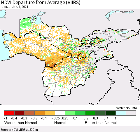 Central Asia NDVI Departure from Average (VIIRS) Thematic Map For 1/1/2024 - 1/8/2024