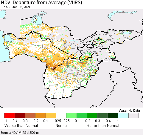 Central Asia NDVI Departure from Average (VIIRS) Thematic Map For 1/9/2024 - 1/16/2024