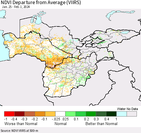 Central Asia NDVI Departure from Average (VIIRS) Thematic Map For 1/25/2024 - 2/1/2024