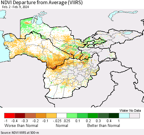 Central Asia NDVI Departure from Average (VIIRS) Thematic Map For 2/2/2024 - 2/9/2024