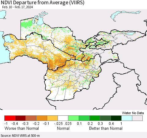 Central Asia NDVI Departure from Average (VIIRS) Thematic Map For 2/10/2024 - 2/17/2024