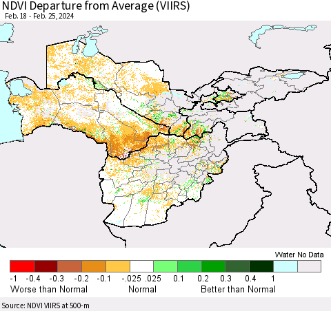 Central Asia NDVI Departure from Average (VIIRS) Thematic Map For 2/18/2024 - 2/25/2024