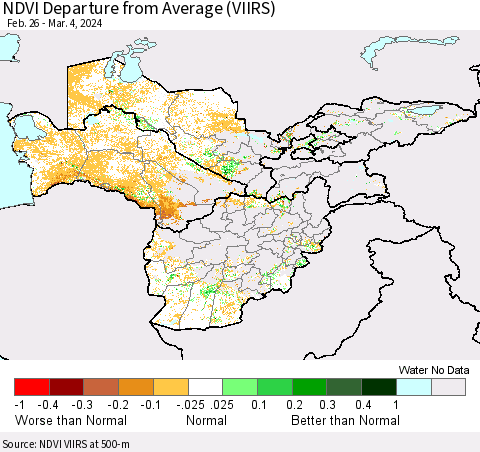 Central Asia NDVI Departure from Average (VIIRS) Thematic Map For 2/26/2024 - 3/4/2024