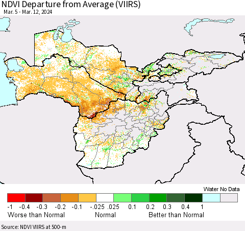Central Asia NDVI Departure from Average (VIIRS) Thematic Map For 3/5/2024 - 3/12/2024