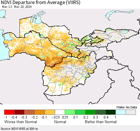 Central Asia NDVI Departure from Average (VIIRS) Thematic Map For 3/13/2024 - 3/20/2024