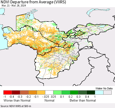 Central Asia NDVI Departure from Average (VIIRS) Thematic Map For 3/21/2024 - 3/28/2024