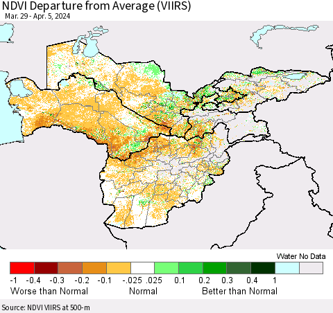 Central Asia NDVI Departure from Average (VIIRS) Thematic Map For 3/29/2024 - 4/5/2024