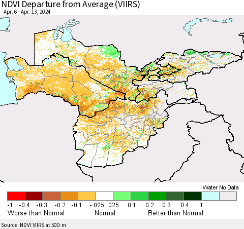 Central Asia NDVI Departure from Average (VIIRS) Thematic Map For 4/6/2024 - 4/13/2024