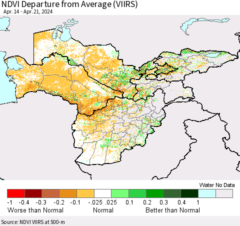 Central Asia NDVI Departure from Average (VIIRS) Thematic Map For 4/14/2024 - 4/21/2024