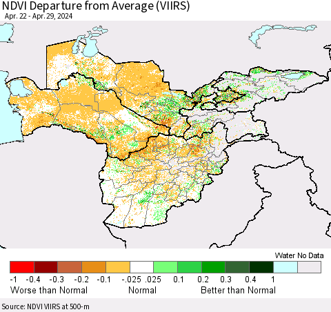 Central Asia NDVI Departure from Average (VIIRS) Thematic Map For 4/22/2024 - 4/29/2024