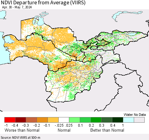 Central Asia NDVI Departure from Average (VIIRS) Thematic Map For 4/30/2024 - 5/7/2024