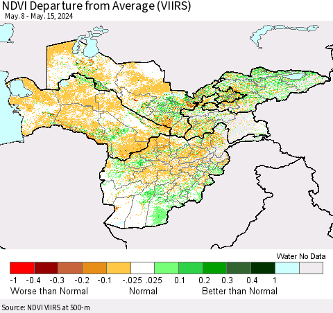 Central Asia NDVI Departure from Average (VIIRS) Thematic Map For 5/8/2024 - 5/15/2024