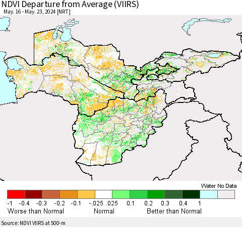 Central Asia NDVI Departure from Average (VIIRS) Thematic Map For 5/16/2024 - 5/23/2024