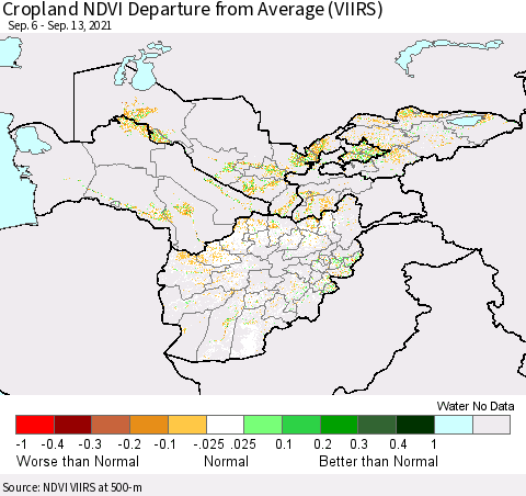 Central Asia Cropland NDVI Departure from Average (VIIRS) Thematic Map For 9/6/2021 - 9/13/2021