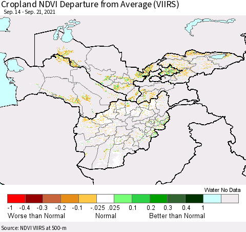 Central Asia Cropland NDVI Departure from Average (VIIRS) Thematic Map For 9/14/2021 - 9/21/2021