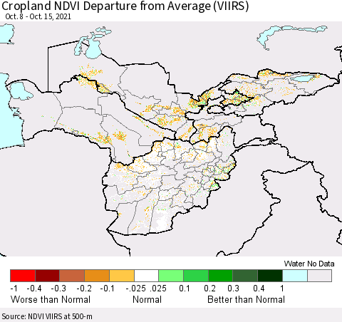 Central Asia Cropland NDVI Departure from Average (VIIRS) Thematic Map For 10/8/2021 - 10/15/2021