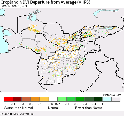 Central Asia Cropland NDVI Departure from Average (VIIRS) Thematic Map For 10/16/2021 - 10/23/2021