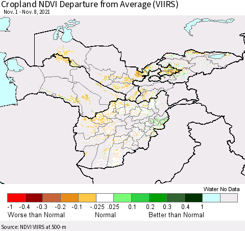 Central Asia Cropland NDVI Departure from Average (VIIRS) Thematic Map For 11/1/2021 - 11/8/2021