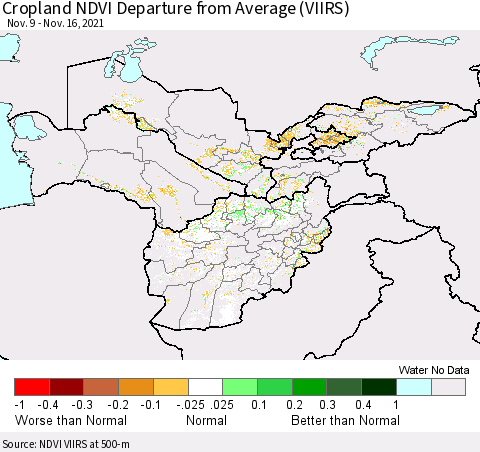 Central Asia Cropland NDVI Departure from Average (VIIRS) Thematic Map For 11/9/2021 - 11/16/2021