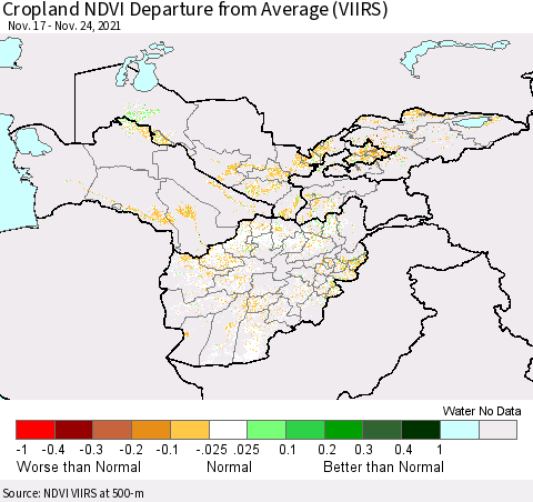Central Asia Cropland NDVI Departure from Average (VIIRS) Thematic Map For 11/17/2021 - 11/24/2021