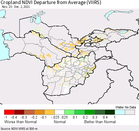 Central Asia Cropland NDVI Departure from Average (VIIRS) Thematic Map For 11/25/2021 - 12/2/2021