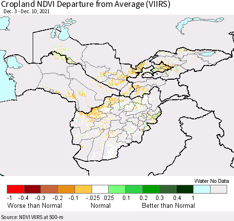 Central Asia Cropland NDVI Departure from Average (VIIRS) Thematic Map For 12/3/2021 - 12/10/2021