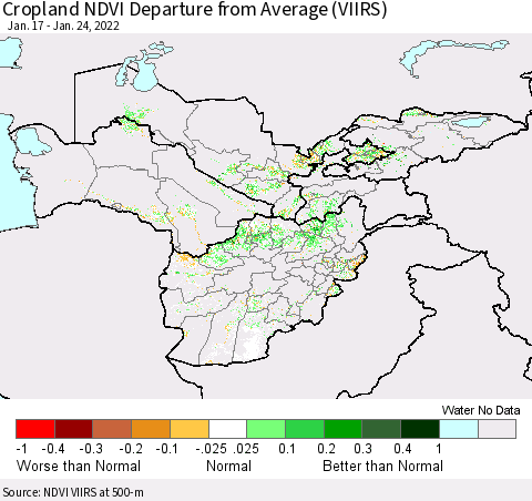 Central Asia Cropland NDVI Departure from Average (VIIRS) Thematic Map For 1/17/2022 - 1/24/2022