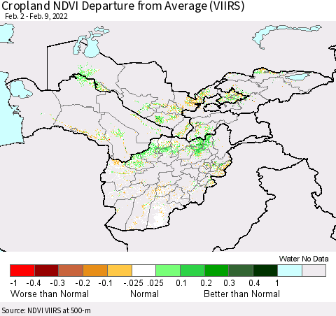 Central Asia Cropland NDVI Departure from Average (VIIRS) Thematic Map For 2/2/2022 - 2/9/2022