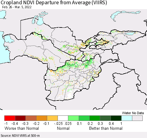 Central Asia Cropland NDVI Departure from Average (VIIRS) Thematic Map For 2/26/2022 - 3/5/2022
