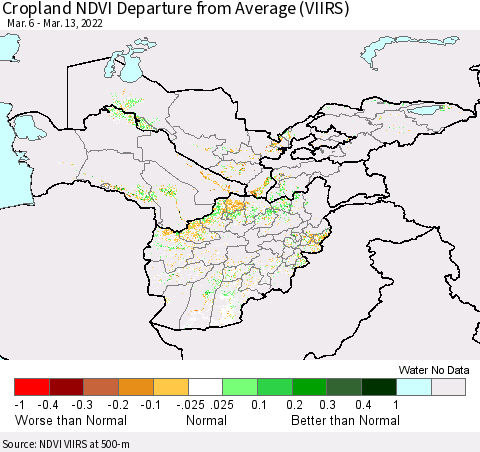 Central Asia Cropland NDVI Departure from Average (VIIRS) Thematic Map For 3/6/2022 - 3/13/2022