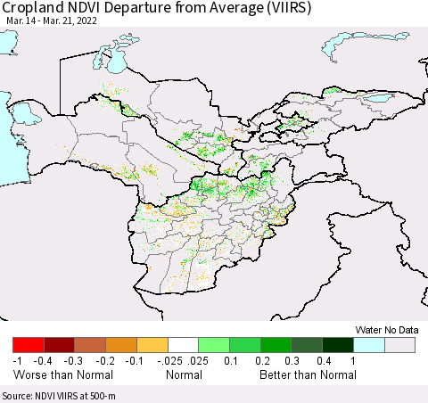 Central Asia Cropland NDVI Departure from Average (VIIRS) Thematic Map For 3/14/2022 - 3/21/2022