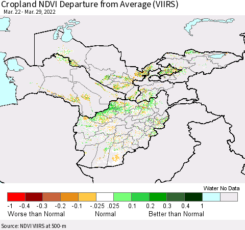 Central Asia Cropland NDVI Departure from Average (VIIRS) Thematic Map For 3/22/2022 - 3/29/2022