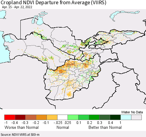 Central Asia Cropland NDVI Departure from Average (VIIRS) Thematic Map For 4/15/2022 - 4/22/2022