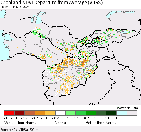 Central Asia Cropland NDVI Departure from Average (VIIRS) Thematic Map For 5/1/2022 - 5/8/2022