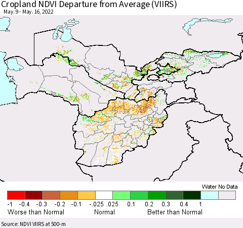 Central Asia Cropland NDVI Departure from Average (VIIRS) Thematic Map For 5/9/2022 - 5/16/2022
