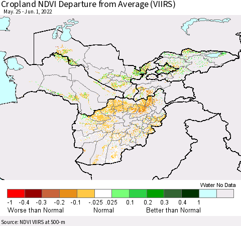 Central Asia Cropland NDVI Departure from Average (VIIRS) Thematic Map For 5/25/2022 - 6/1/2022