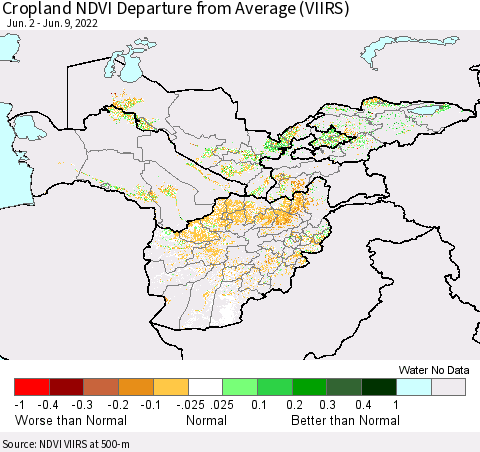 Central Asia Cropland NDVI Departure from Average (VIIRS) Thematic Map For 6/2/2022 - 6/9/2022