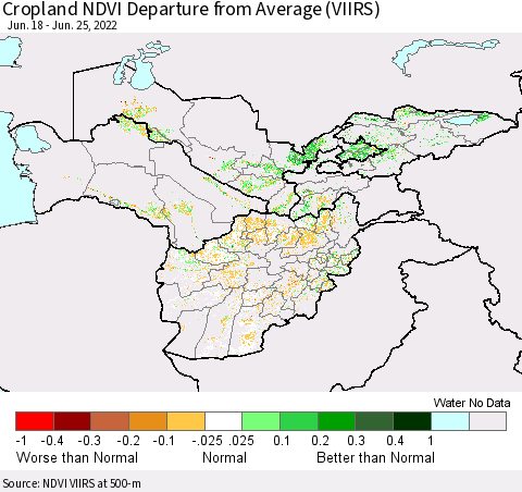 Central Asia Cropland NDVI Departure from Average (VIIRS) Thematic Map For 6/18/2022 - 6/25/2022