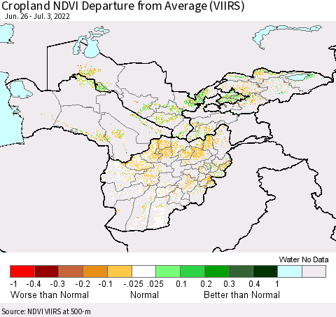 Central Asia Cropland NDVI Departure from Average (VIIRS) Thematic Map For 6/26/2022 - 7/3/2022