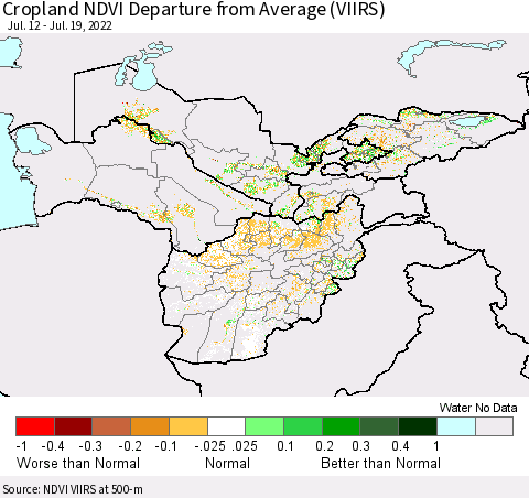 Central Asia Cropland NDVI Departure from Average (VIIRS) Thematic Map For 7/12/2022 - 7/19/2022