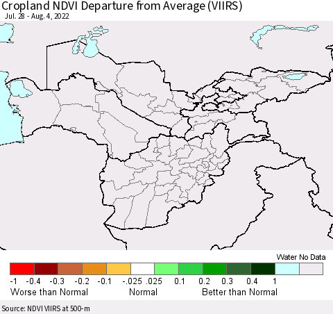 Central Asia Cropland NDVI Departure from Average (VIIRS) Thematic Map For 7/28/2022 - 8/4/2022