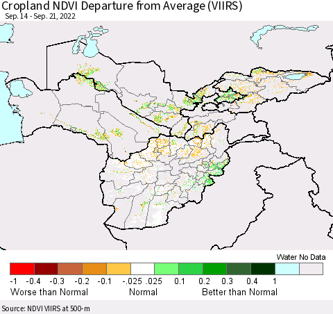 Central Asia Cropland NDVI Departure from Average (VIIRS) Thematic Map For 9/14/2022 - 9/21/2022