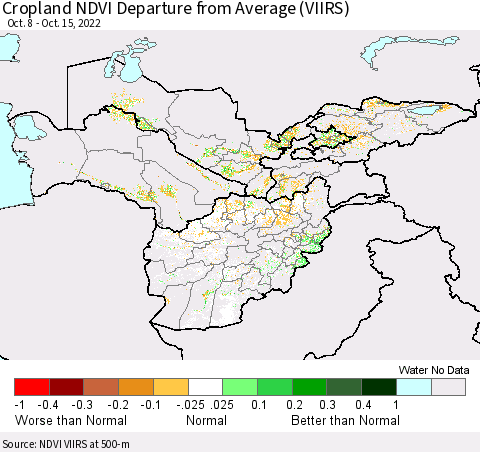 Central Asia Cropland NDVI Departure from Average (VIIRS) Thematic Map For 10/8/2022 - 10/15/2022