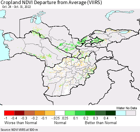 Central Asia Cropland NDVI Departure from Average (VIIRS) Thematic Map For 10/24/2022 - 10/31/2022