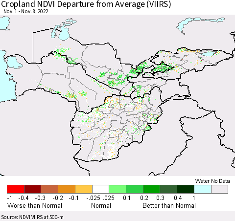 Central Asia Cropland NDVI Departure from Average (VIIRS) Thematic Map For 11/1/2022 - 11/8/2022