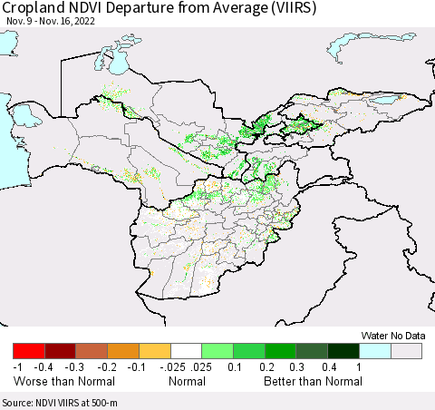 Central Asia Cropland NDVI Departure from Average (VIIRS) Thematic Map For 11/9/2022 - 11/16/2022