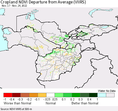 Central Asia Cropland NDVI Departure from Average (VIIRS) Thematic Map For 11/17/2022 - 11/24/2022