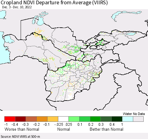 Central Asia Cropland NDVI Departure from Average (VIIRS) Thematic Map For 12/3/2022 - 12/10/2022