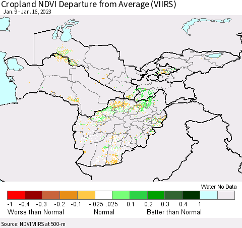Central Asia Cropland NDVI Departure from Average (VIIRS) Thematic Map For 1/9/2023 - 1/16/2023