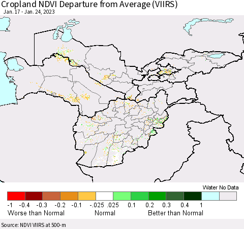 Central Asia Cropland NDVI Departure from Average (VIIRS) Thematic Map For 1/17/2023 - 1/24/2023